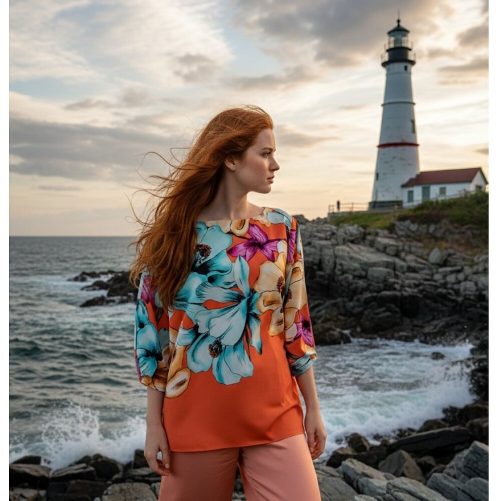 Women's Bold, Floral Print Top over Orange - Silky Smooth, Size Notes, Like New